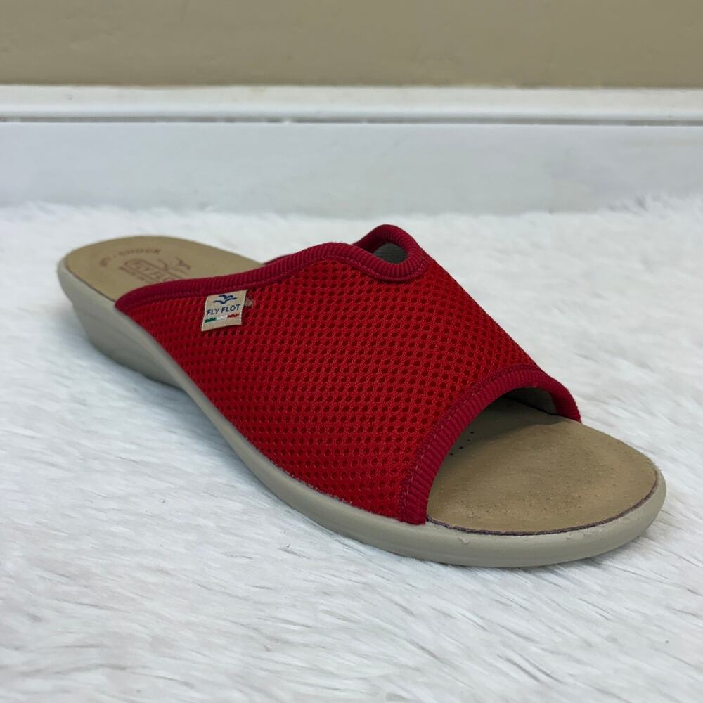 Flyflot Women's Red Cloth Wedge Slipper Slide Slip-Proof Size EU 40 US 8